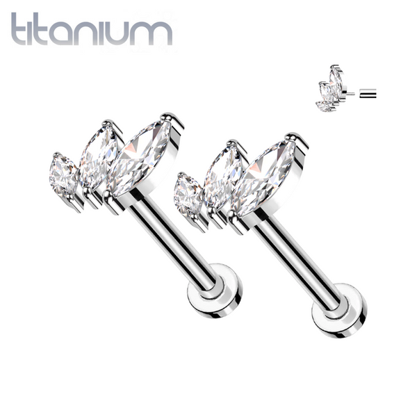 Pair of Implant Grade Titanium White CZ Triple Marquise Threadless Push In Earrings With Flat Back Pair of Implant Grade Titanium White CZ Triple Marquise Threadless Push In Earrings With Flat Back