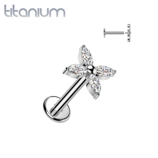 Implant Grade Titanium White CZ Large Four Petal Flower Internally Threaded Flat Back Labret