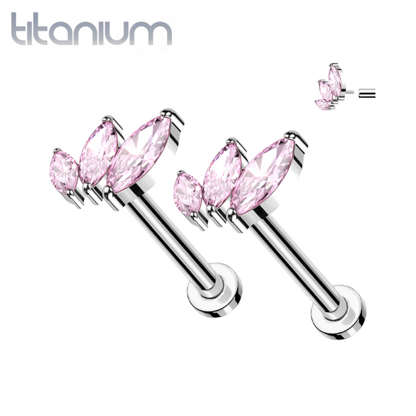Implant Grade Titanium Pink CZ Triple Marquise Threadless Push In Earrings With Flat Back