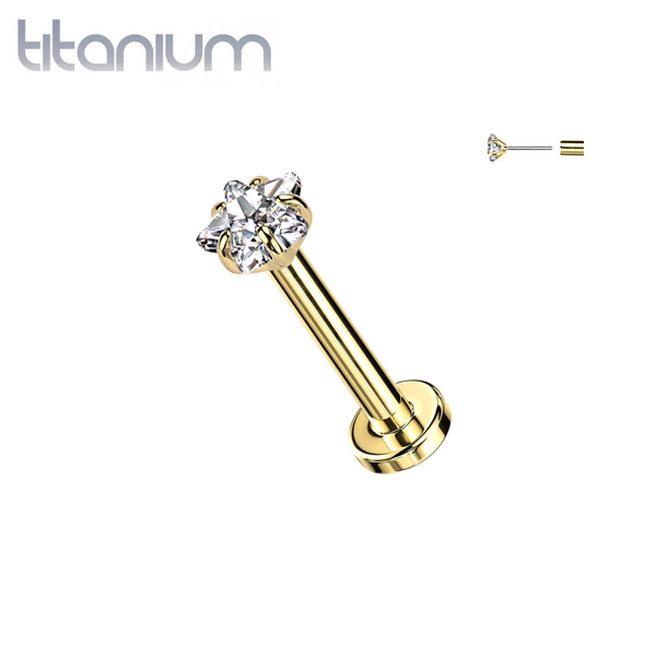 Implant Grade Titanium Gold PVD White CZ Star Shaped Gem Threadless Push In Labret With Flat Back