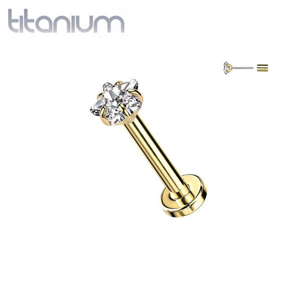 Implant Grade Titanium Gold PVD White CZ Star Shaped Gem Threadless Push In Labret With Flat Back Implant Grade Titanium Gold PVD White CZ Star Shaped Gem Threadless Push In Labret With Flat Back