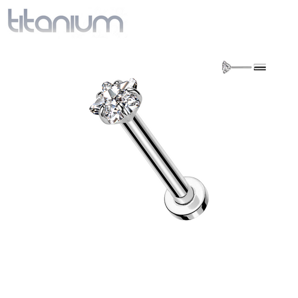 Implant Grade Titanium Threadless White CZ Star Shaped Gem Push In Labret With Flat Back