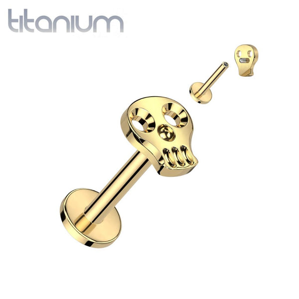 Implant Grade Titanium Gold PVD Skull Internally Threaded Flat Back Labret
