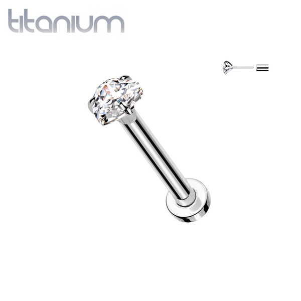 Implant Grade Titanium Threadless White CZ Heart Shaped Gem Push In Labret With Flat Back