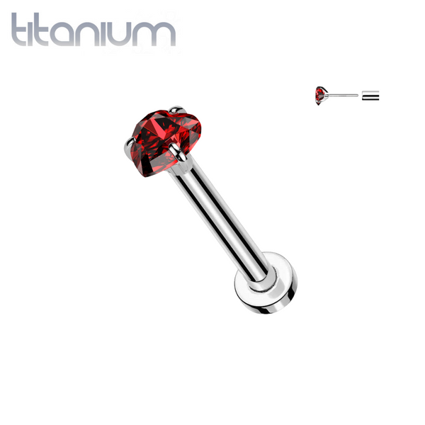 Implant Grade Titanium Threadless Red CZ Heart Shaped Gem Push In Labret With Flat Back