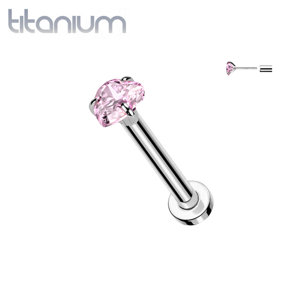 Implant Grade Titanium Threadless Pink CZ Heart Shaped Gem Push In Labret With Flat Back