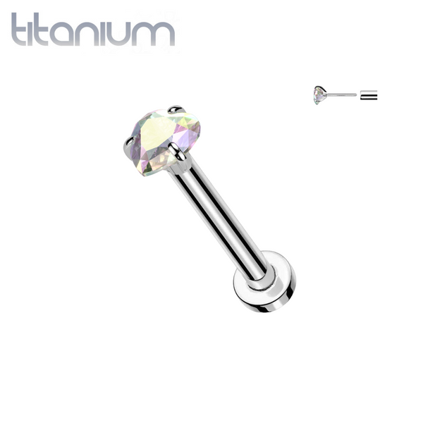 Implant Grade Titanium Threadless Aurora Borealis CZ Heart Shaped Gem Push In Labret With Flat Back Implant Grade Titanium Threadless Aurora Borealis CZ Heart Shaped Gem Push In Labret With Flat Back