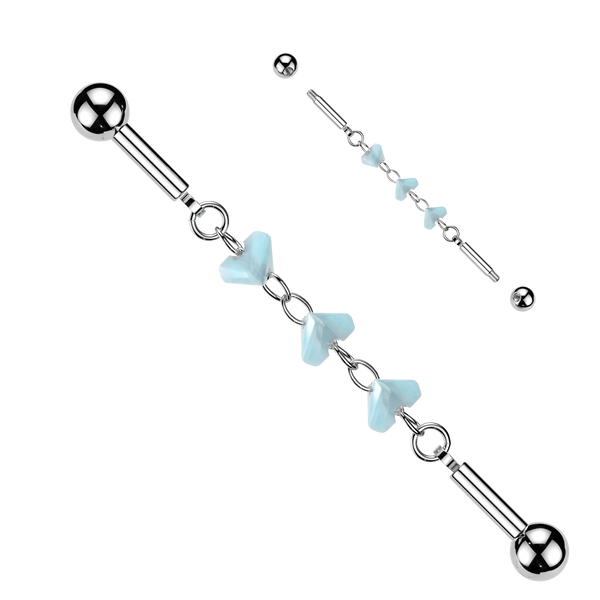 316L Surgical Steel Light Blue Heart Glass Bead Chain Flexible Industrial Barbell