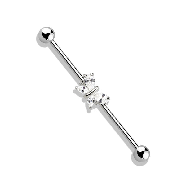316L Surgical Steel White CZ Gem Butterfly Industrial Barbell - Pierced Universe