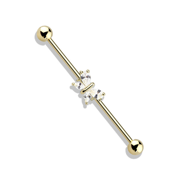 316L Surgical Steel Gold PVD White CZ Gem Butterfly Industrial Barbell - Pierced Universe