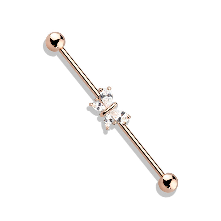 316L Surgical Steel Rose Gold PVD White CZ Gem Butterfly Industrial Barbell - Pierced Universe