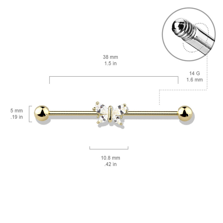 316L Surgical Steel Gold PVD White CZ Gem Butterfly Industrial Barbell - Pierced Universe