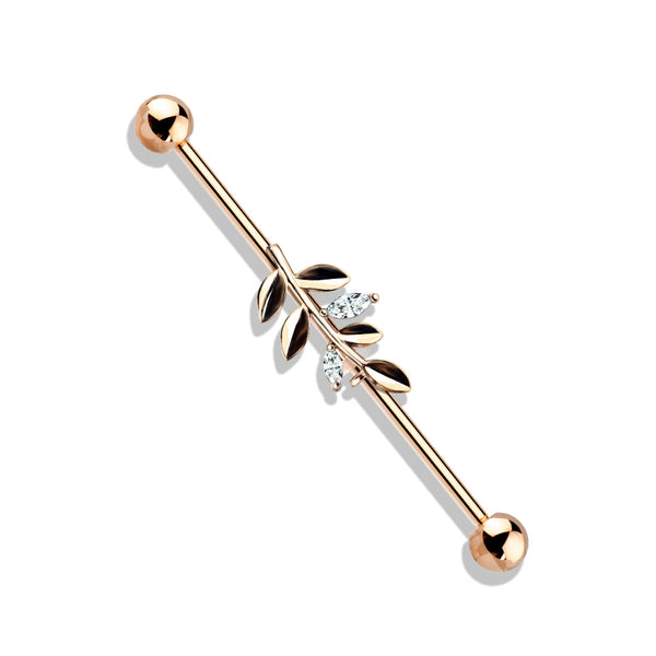 316L Surgical Steel Rose Gold PVD White CZ Leaf Industrial Barbell - Pierced Universe