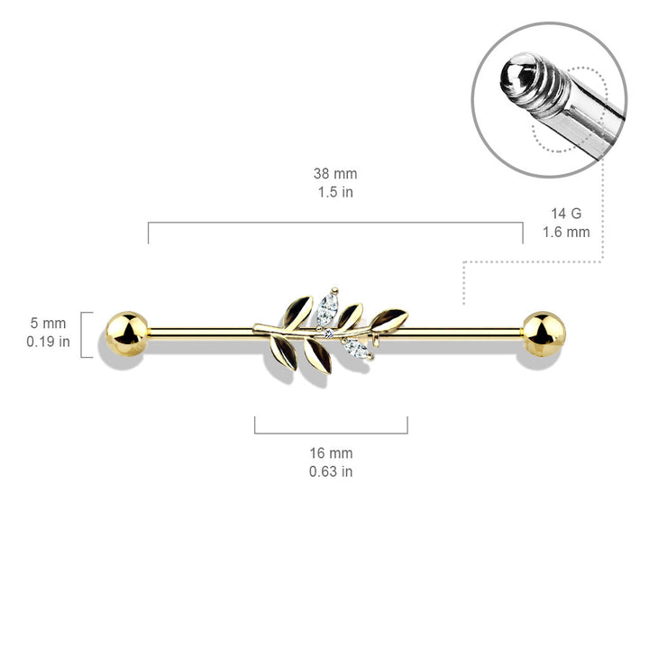 316L Surgical Steel Rose Gold PVD White CZ Leaf Industrial Barbell - Pierced Universe