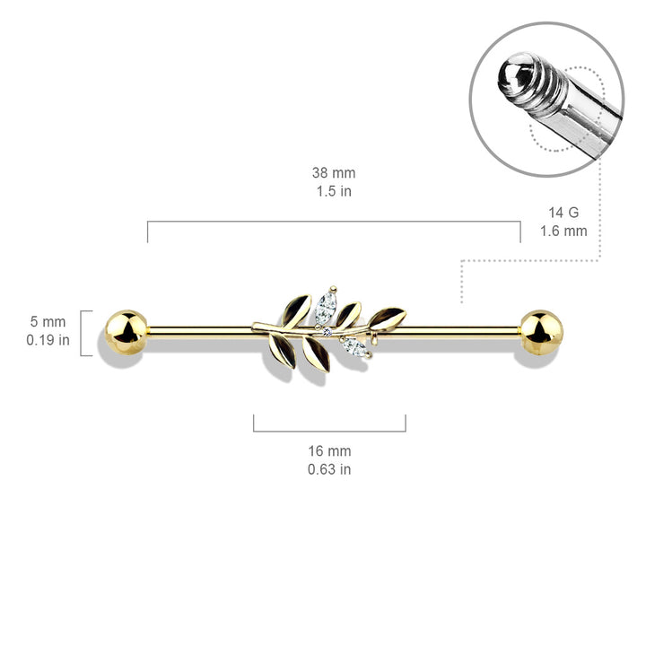 316L Surgical Steel Gold PVD White CZ Leaf Industrial Barbell - Pierced Universe
