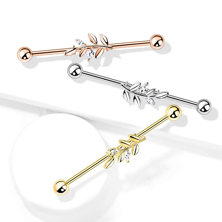 316L Surgical Steel White CZ Leaf Industrial Barbell - Pierced Universe