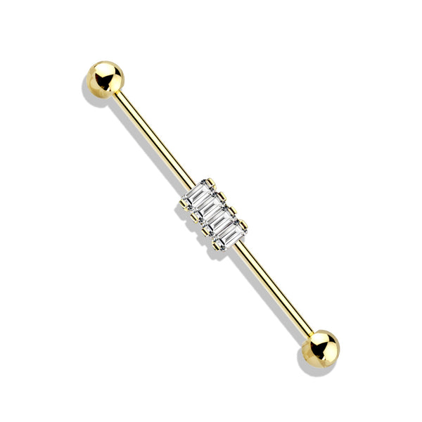 316L Surgical Steel Gold PVD Baguette Gem Cluster Industrial Barbell 316L Surgical Steel Gold PVD Baguette Gem Cluster Industrial Barbell