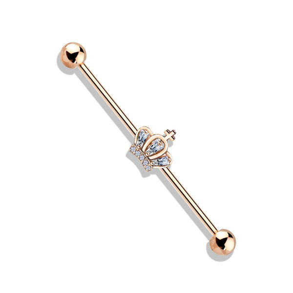316L Surgical Steel Rose Gold PVD White CZ Crown Industrial Barbell - Pierced Universe