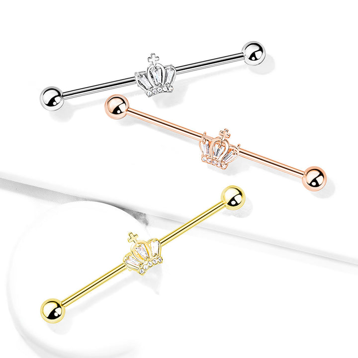 316L Surgical Steel Gold PVD White CZ Crown Industrial Barbell - Pierced Universe