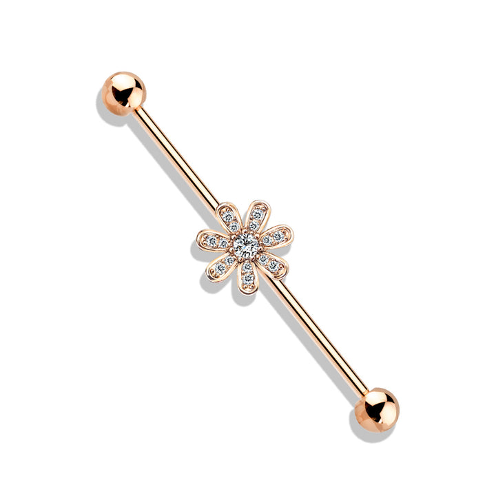 316L Surgical Steel Rose Gold PVD White CZ Gem Flower Industrial Barbell - Pierced Universe