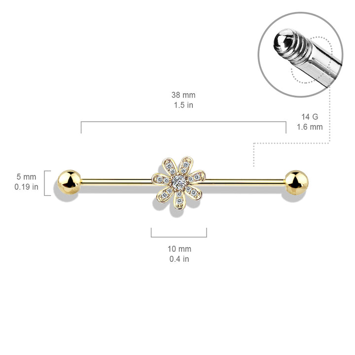 316L Surgical Steel Gold PVD White CZ Gem Flower Industrial Barbell - Pierced Universe