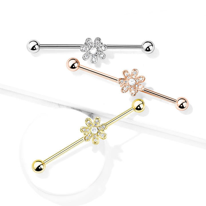 316L Surgical Steel Gold PVD White CZ Gem Flower Industrial Barbell - Pierced Universe