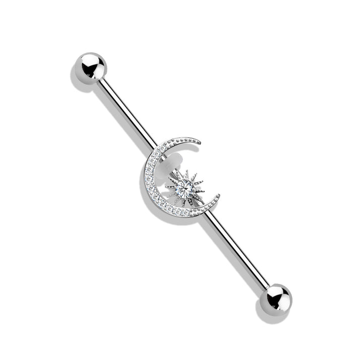 316L Surgical Steel White CZ Gem Moon & Star Industrial Barbell - Pierced Universe