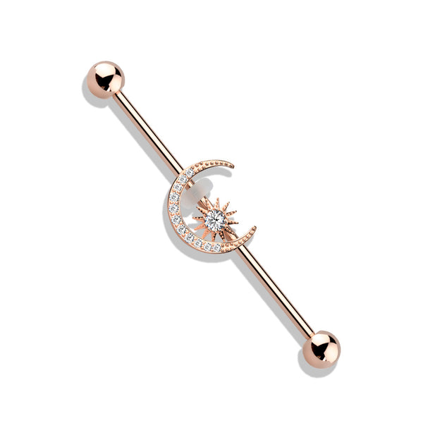 316L Surgical Steel Rose Gold PVD White CZ Gem Moon & Star Industrial Barbell - Pierced Universe