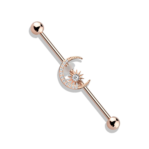 316L Surgical Steel Gold PVD White CZ Gem Moon & Star Industrial Barbell 316L Surgical Steel Gold PVD White CZ Gem Moon & Star Industrial Barbell