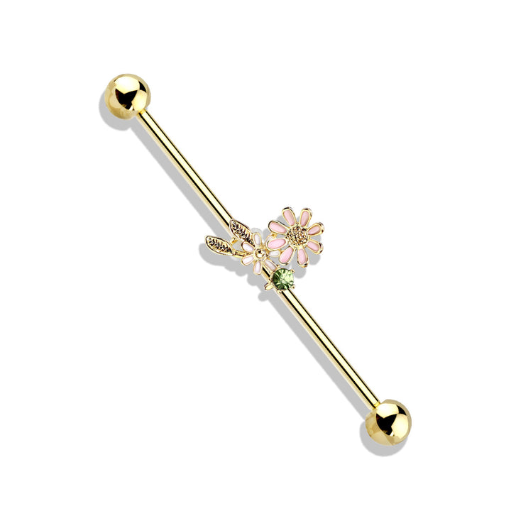 316L Surgical Steel Gold PVD Green CZ Gem With Flowers Industrial Barbell - Pierced Universe