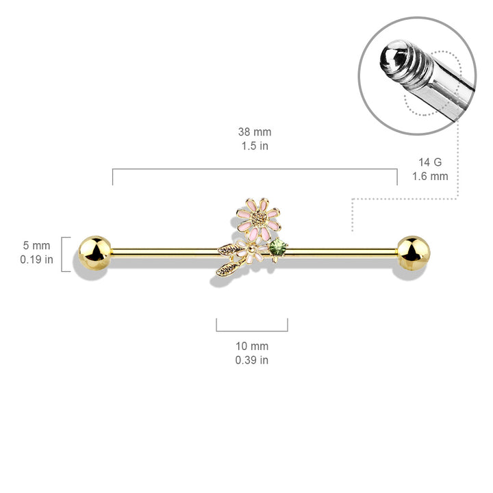316L Surgical Steel Rose Gold PVD Green CZ Gem With Flowers Industrial Barbell - Pierced Universe
