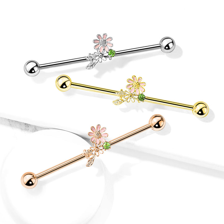 316L Surgical Steel Rose Gold PVD Green CZ Gem With Flowers Industrial Barbell - Pierced Universe