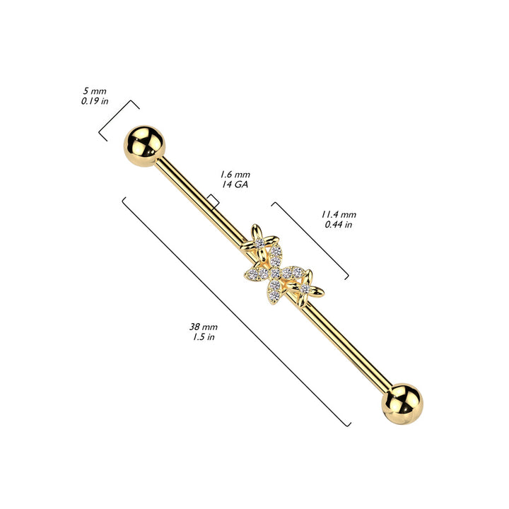 316L Surgical Steel Gold PVD White CZ 4 Petal Flower Industrial Barbell - Pierced Universe