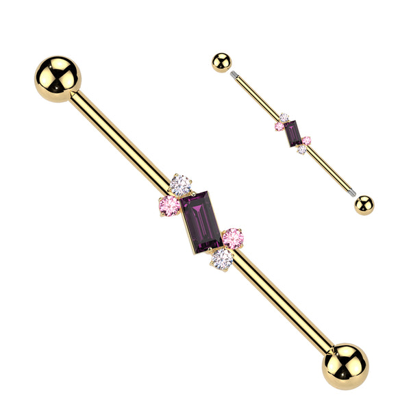 316L Surgical Steel Gold PVD Baguette Gem Cluster Industrial Barbell 316L Surgical Steel Gold PVD Baguette Gem Cluster Industrial Barbell