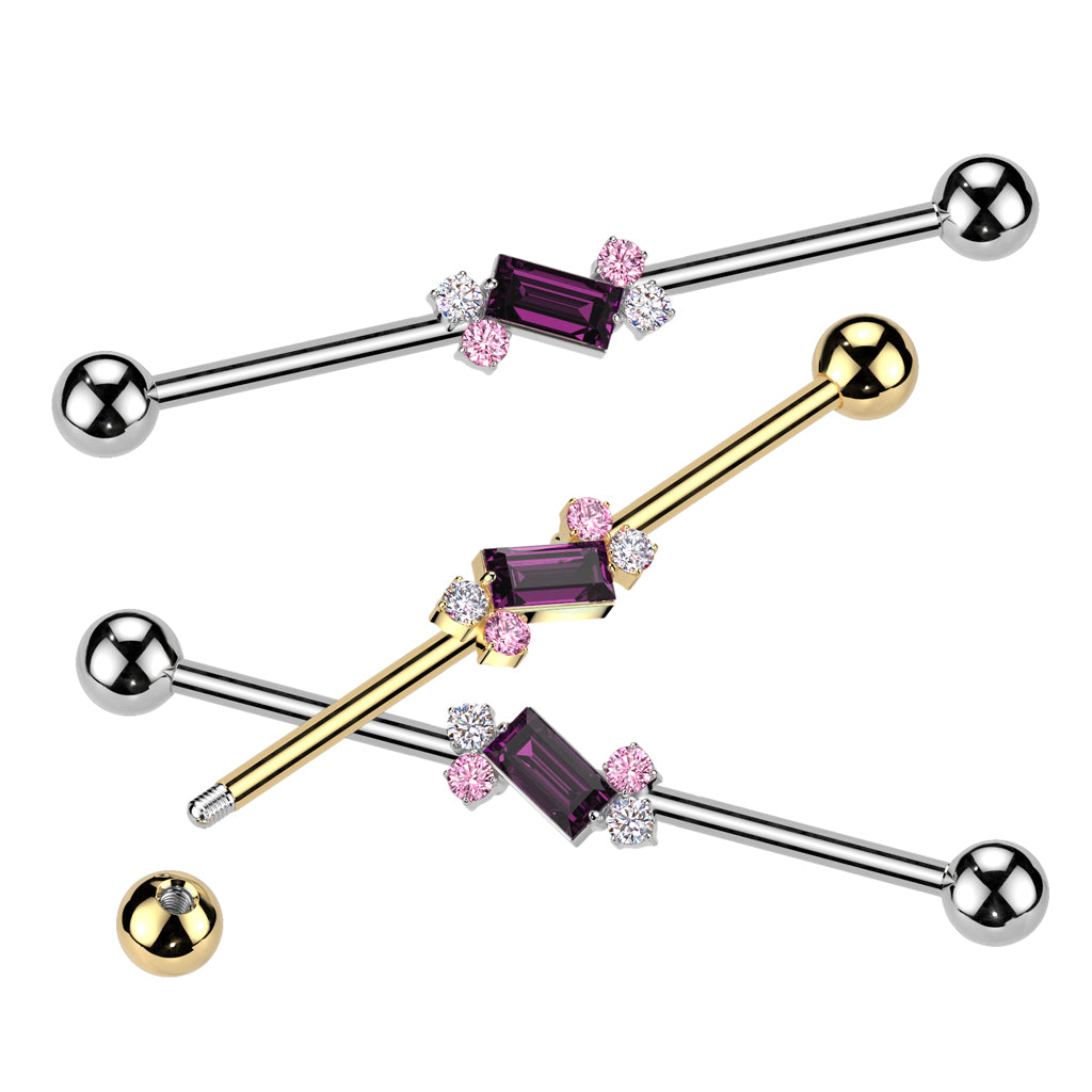 316L Surgical Steel Purple Baguette White Pink Gem Cluster Industrial 316l surgical steel purple baguette white pink gem cluster industrial