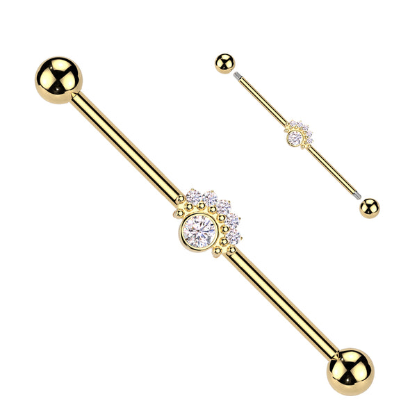 316L Surgical Steel Gold PVD White CZ Bezel Beaded Gem Design Industrial Barbell