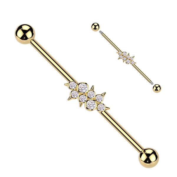 316L Surgical Steel Gold PVD White CZ Bezel Spike Gem Cluster Industrial Barbell