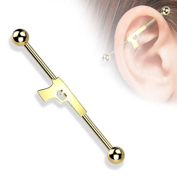 316L Surgical Steel Gold PVD Pistol Gun Outline Industrial Barbell 316L Surgical Steel Gold PVD Pistol Gun Outline Industrial Barbell