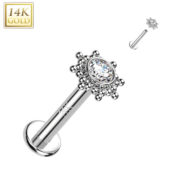 14KT White Gold White CZ Beaded Internally Threaded Flat Back Labret 14KT White Gold White CZ Beaded Internally Threaded Flat Back Labret