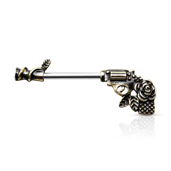 316L Surgical Steel Gold PVD Gun Pistol With Rose Handle Nipple Ring Straight Barbell - Pierced Universe