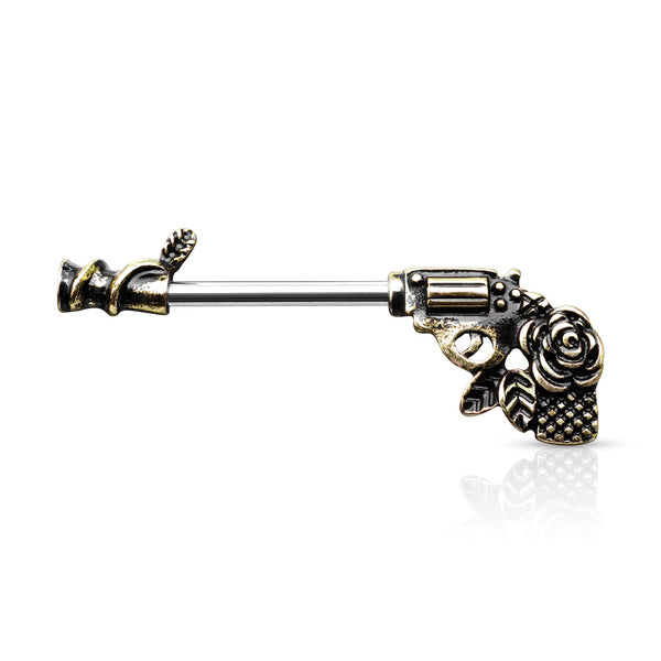 316L Surgical Steel Gold PVD Gun Pistol With Rose Handle Nipple Ring Straight Barbell 316L Surgical Steel Gold PVD Gun Pistol With Rose Handle Nipple Ring Straight Barbell