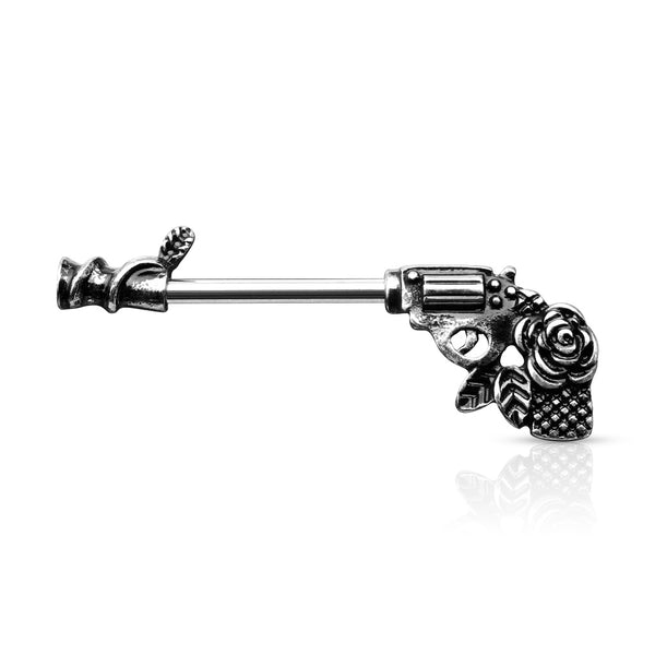 316L Surgical Steel Gun Pistol With Rose Handle Nipple Ring Straight Barbell 316L Surgical Steel Gun Pistol With Rose Handle Nipple Ring Straight Barbell