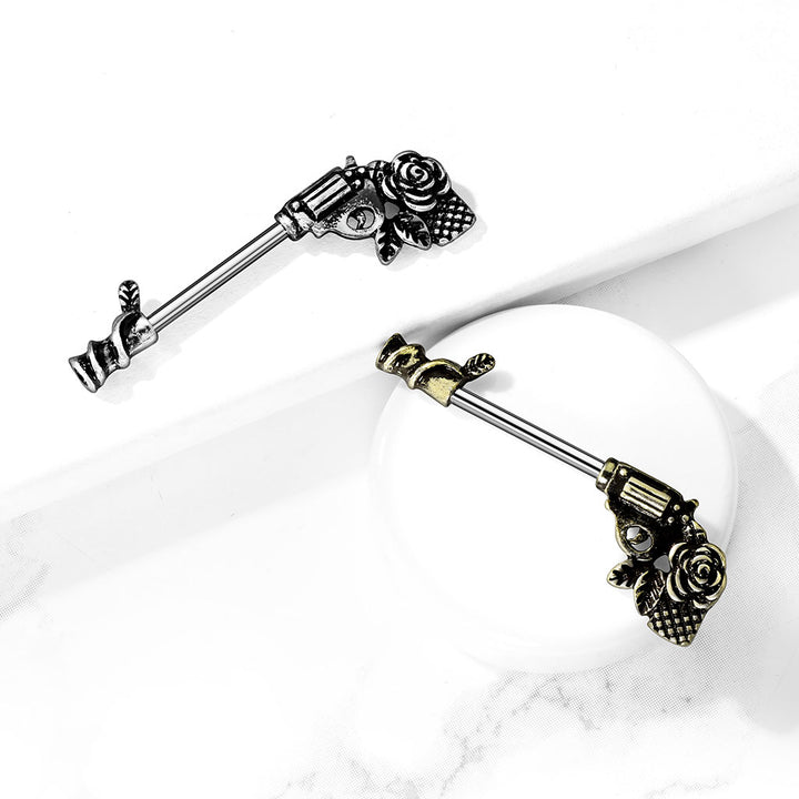 316L Surgical Steel Gun Pistol With Rose Handle Nipple Ring Straight Barbell - Pierced Universe