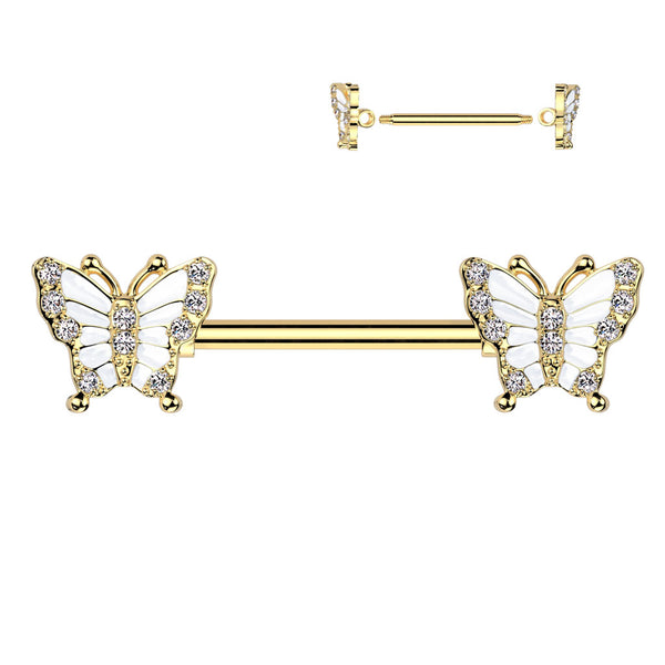 316L Surgical Steel Gold PVD White CZ Butterfly Nipple Ring Barbell 316L Surgical Steel Gold PVD White CZ Butterfly Nipple Ring Barbell