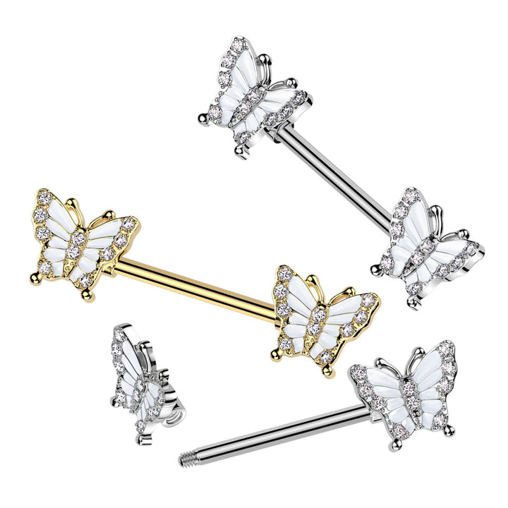 316L Surgical Steel White CZ Butterfly Nipple Ring Straight Barbell - Pierced Universe