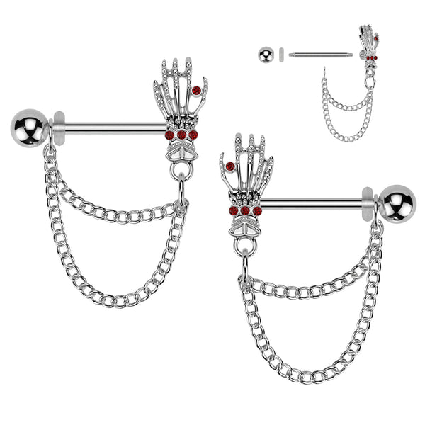 316L Surgical Steel Red CZ Skeleton Hand Chain Nipple Ring Straight Barbell - Pierced Universe