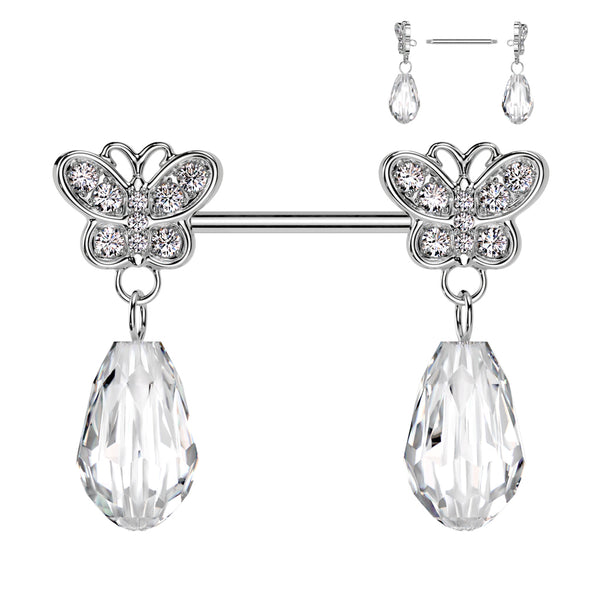 316L Surgical Steel Large White CZ Butterfly Clear Gem Dangle Nipple Ring Straight Barbell