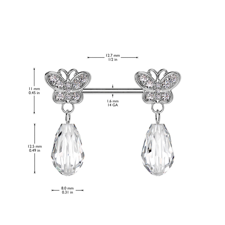 316L Surgical Steel Large White CZ Butterfly Clear Gem Dangle Nipple Ring Straight Barbell - Pierced Universe