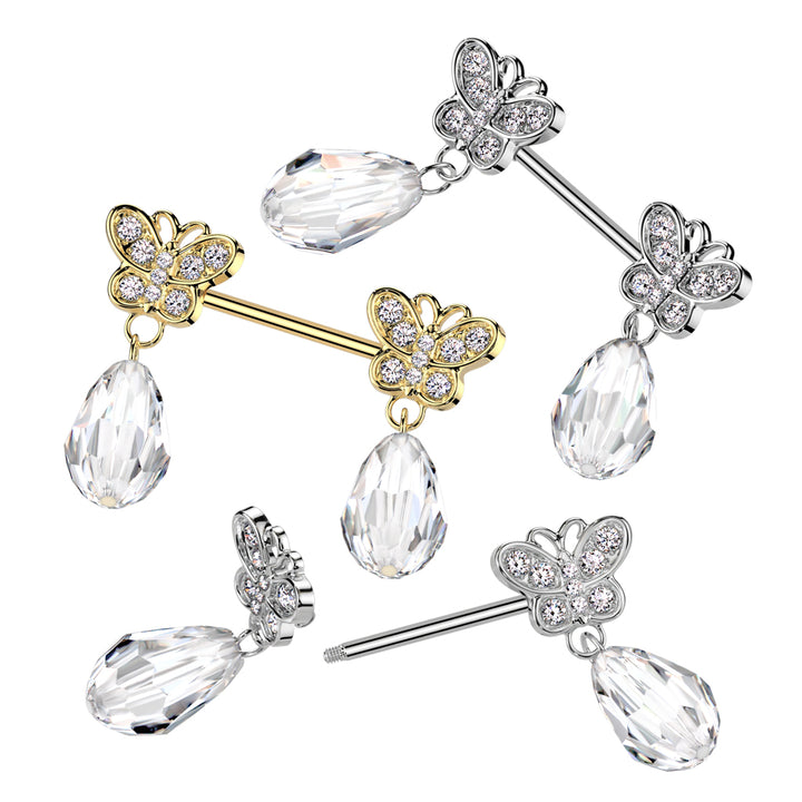 316L Surgical Steel Large White CZ Butterfly Clear Gem Dangle Nipple Ring Straight Barbell - Pierced Universe