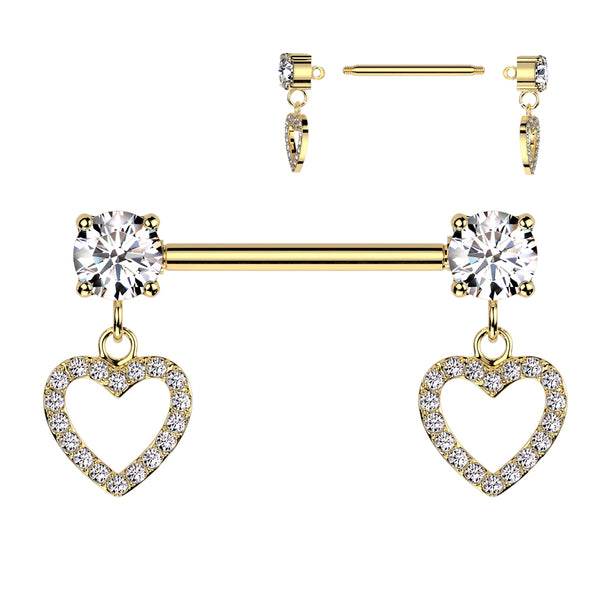 316L Surgical Steel White CZ Heart Outline Dangle Nipple Ring Straight Barbell 316L Surgical Steel White CZ Heart Outline Dangle Nipple Ring Straight Barbell